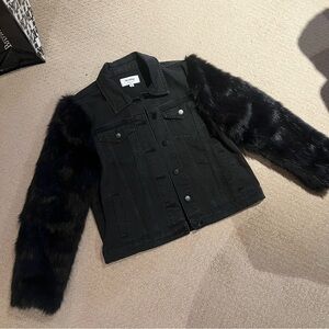 Velvet Heart Denim Black Jean Jacket with Faux Fur Sleeves